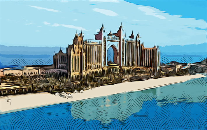 Atlantis, The Palm, Duba&#239;, &#201;mirats Arabes Unis, 4k, vecteur de l&#39;art, Atlantis dessin, art cr&#233;atif, Atlantis The Palm art, dessin vectoriel, abstrait Duba&#239;, Duba&#239; paysage urbain