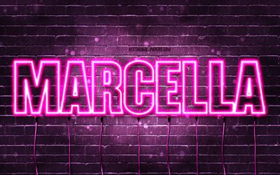 Marcella, 4k, wallpapers with names, female names, Marcella name, purple neon lights, Marcella Birthday, Happy Birthday Marcella, popular italian female names, picture with Marcella name
