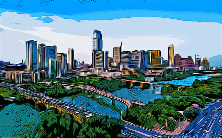 Austin, Texas, 4k, arte vettoriale, disegno di Austin, arte creativa, arte di Austin, disegno vettoriale, citt&#224; astratta, paesaggio urbano di Austin, USA