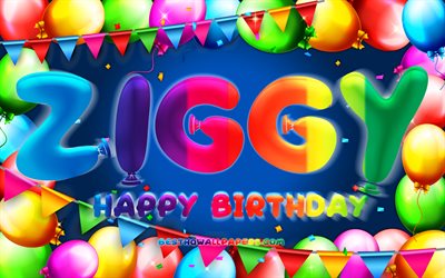 お誕生日おめでとうジギー, 4k, カラフルなバルーンフレーム, ジギー名, 青い背景, ジギーお誕生日おめでとう, ジギーバースデー, 人気のあるドイツの男性の名前, 誕生日のコンセプト, ジギー