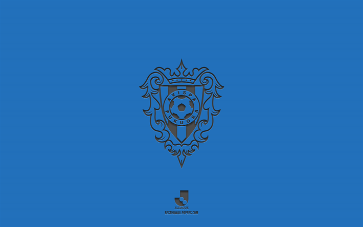 Avispa Fukuoka, sfondo blu, squadra di calcio giapponese, emblema Avispa Fukuoka, J1 League, Giappone, calcio, logo Avispa Fukuoka