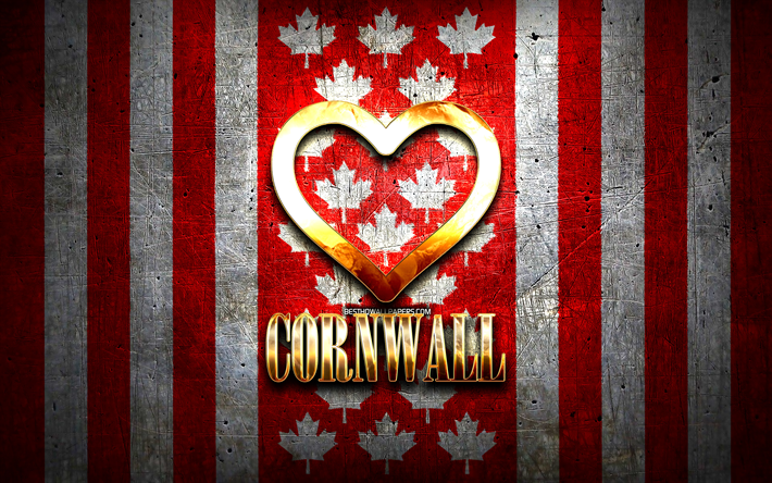 Amo la Cornovaglia, citt&#224; canadesi, iscrizione dorata, Giorno della Cornovaglia, Canada, cuore d&#39;oro, Cornovaglia con bandiera, Cornovaglia, citt&#224; preferite