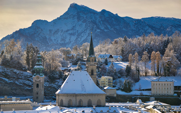 Alps, chapel, church, winter, snow, mountain landscape, Austrian cities, mountains, Salzburg, Austria