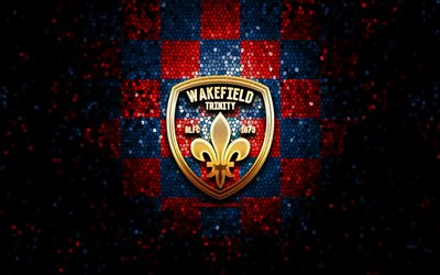 Wakefield Trinity, logo scintillant, SLE, fond &#224; carreaux bleu rouge, rugby, club de rugby anglais, logo Wakefield Trinity, art de la mosa&#239;que
