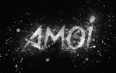 Amoi beyaz logo, 4k, beyaz neon ışıkları, yaratıcı, siyah soyut arka plan, Amoi logosu, markalar, Amoi
