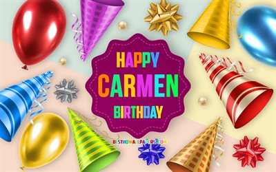 お誕生日おめでとうカルメン, 4k, 誕生日バルーンの背景, カルメン, クリエイティブアート, カルメンの誕生日おめでとう, 絹の弓, カルメンの誕生日, 誕生日パーティーの背景