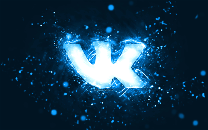 VKontakte logotipo azul, 4k, luzes de neon azuis, criativo, azul abstrato de fundo, VKontakte logotipo, rede social, VKontakte