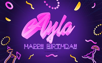 誕生日おめでとう, 4k, 紫のパーティーの背景, エイラ, クリエイティブアート, アイラお誕生日おめでとう, アイラの名前, アイラの誕生日, 誕生日パーティーの背景