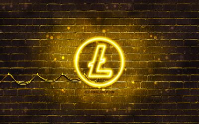Litecoin yellow logo, 4k, yellow brickwall, Litecoin logo, cryptocurrency, Litecoin neon logo, Litecoin