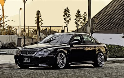 BMW M5 E60, 4k, vector art, BMW M5 E60 drawing, creative art, BMW M5 E60 art, vector drawing, BMW M5, E60, abstract cars, car drawings, BMW