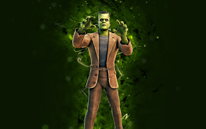 Monstruo de Frankenstein, 4k, luces de ne&#243;n verdes, Fortnite Battle Royale, personajes de Fortnite, Piel de Monstruo de Frankenstein, Fortnite, Monstruo de Frankenstein Fortnite