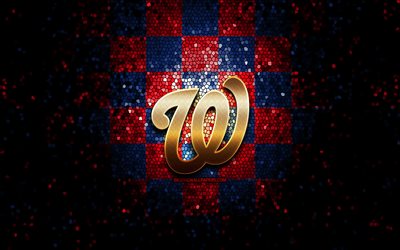Washington Nationals emblem, glitter logo, MLB, red blue checkered background, american baseball team, Major League Baseball, mosaic art, baseball, Washington Nationals