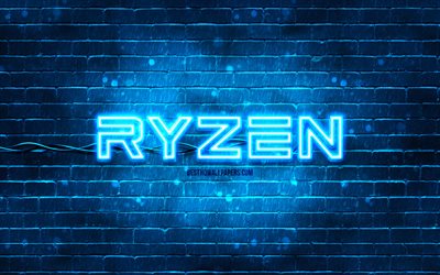 AMD Ryzen sininen logo, 4k, sininen tiilisein&#228;, AMD Ryzen logo, tuotemerkit, AMD Ryzen neon logo, AMD Ryzen