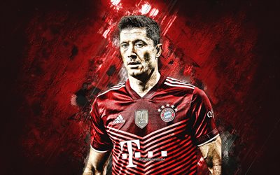 Robert Lewandowski, portrait, FC Bayern Munich, Bundesliga, Germany, grunge art, football, Lewandowski Bayern Munich, red stone background