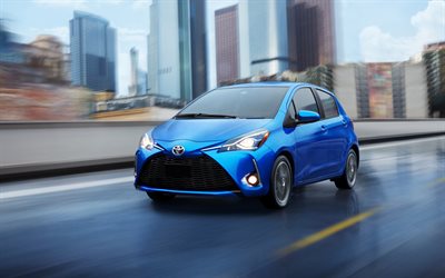 Toyota Yaris, 2018, 4k, exterior, hatchback, new blue Yaris, Japanese cars, Toyota
