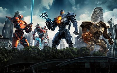 Pacific Rim Uprising, 2018, all robots, poster, transformers, Gipsy Avenger, Guardian Bravo, Bracer Phoenix, Saber Athena