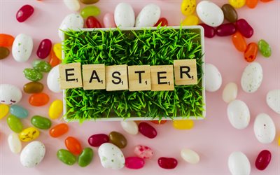Easter, spring decoration, green grass, concepts, sweets, Happy Easter