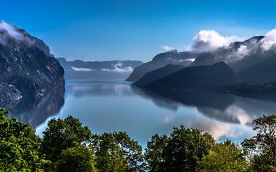 Lysefjord, Norway, lake, summer, mountains, Europe