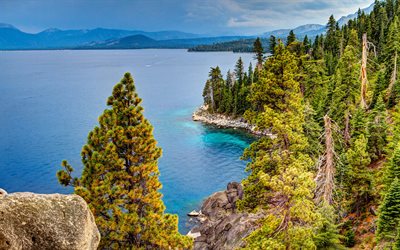 Tahoe Lake, forest, mountains, Sierra Nevada, USA, America