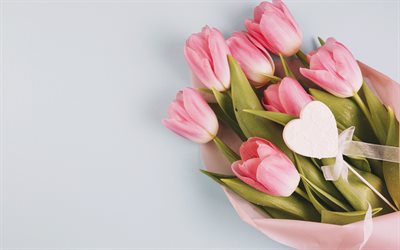 bouquet of pink tulips, pink flowers, spring, beautiful bouquet