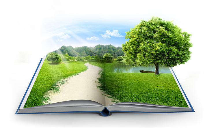 ecologia conceitos, 4k, livro verde, meio ambiente, grama verde, montanhas, cuidar da natureza, eco conceitos com um livro