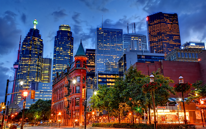 Toronto, 4k, natt, moderna byggnader, Kanada