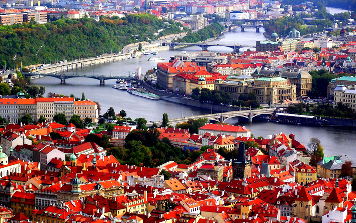Praga, 4k, Vltava, panorama, Rep&#250;blica Checa, Europa