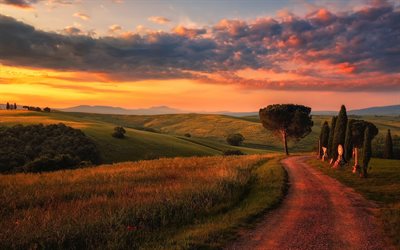 Tuscany, sunset, road, Italy, Europe