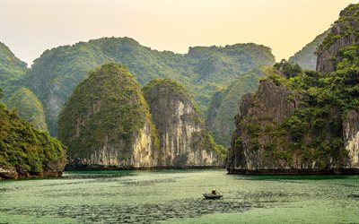 Vietname, mar, montanhas, rochas, barco, &#193;sia