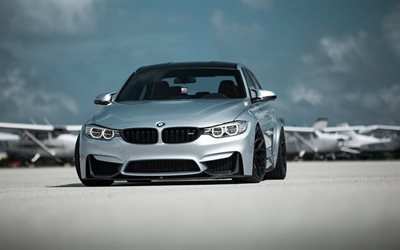 BMW M3, F80, 2018, front view, exterior, new silver, tuning m3, black wheels, BMW