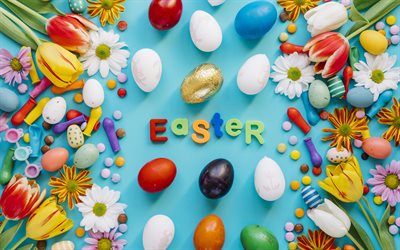 La pascua, los tulipanes, los huevos de Pascua, decoraci&#243;n de primavera, de abril de 2018, las vacaciones de primavera