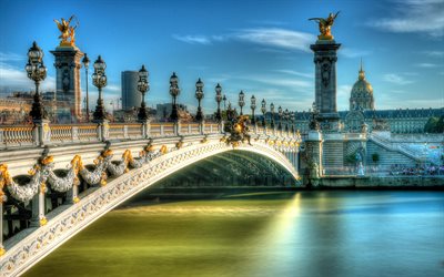 Alexander III Bridge, 4k, HDR, french landmarks, Paris, France, Pont Alexandre III, Europe