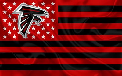 Atlanta Falcons, Amerikkalainen jalkapallo joukkue, luova Amerikan lippu, punainen musta lippu, NFL, Atlanta, Georgia, USA, logo, tunnus, silkki lippu, National Football League, Amerikkalainen jalkapallo