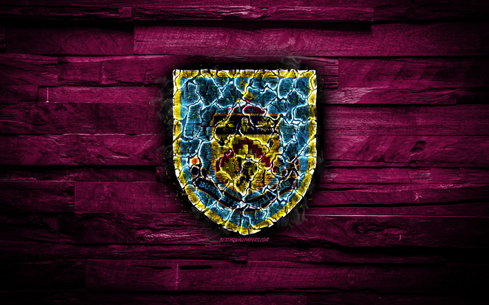 Burnley FC, fiery logo, purple wooden background, Premier League, english football club, FC Burnley, grunge, football, Burnley logo, fire texture, England, soccer