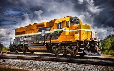 emd24b repower-t4, 4k, lokomotive, progress rail, gelbe zug, hdr -, eisenbahn -, cat 3512c hd, emd24b, z&#252;ge