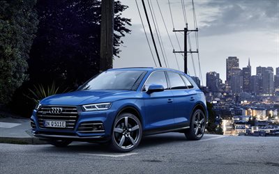 Audi Q5, 2019, SUV, blue crossover, exterior, front view, new blue Q5, german cars, Audi