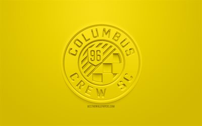 columbus crew sc, kreative 3d-logo, gelb, hintergrund, 3d, emblem, american football club, mls, columbus, ohio, usa, major league soccer, 3d-kunst, fu&#223;ball, 3d-logo
