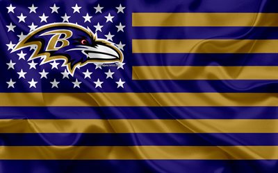 Baltimore Ravens, squadra di football Americano, creativo, bandiera Americana, viola, marrone, bandiera, NFL, Baltimore, Maryland, USA, logo, stemma, bandiera di seta, Lega Nazionale di Football americano, football Americano