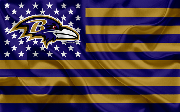 Baltimore Ravens Amerikan futbol takımı, yaratıcı Amerikan bayrağı, mor kahverengi, NFL, Baltimore, Maryland, AMERİKA Birleşik Devletleri, logo, amblem, ipek bayrak, Ulusal Futbol Ligi, Amerikan Futbolu