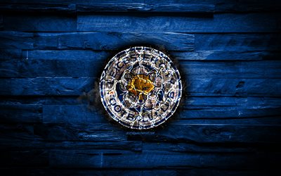 Leicester City FC, fiery logo, blue wooden background, Premier League, english football club, LCFC, grunge, football, Leicester City logo, fire texture, England, soccer