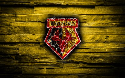 Watford FC, fiery logo, yellow wooden background, Premier League, english football club, FC Watford, grunge, football, Watford logo, fire texture, England, soccer