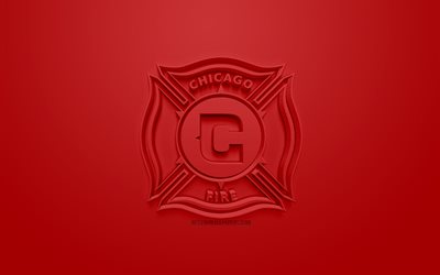 Chicago Fire, yaratıcı 3D logo, kırmızı bir arka plan, 3d amblemi, Amerikan Futbol Kul&#252;b&#252;, İLKAY, Chicago, Illinois, AMERİKA Birleşik Devletleri, Major League Soccer, 3d sanat, futbol, 3d logo
