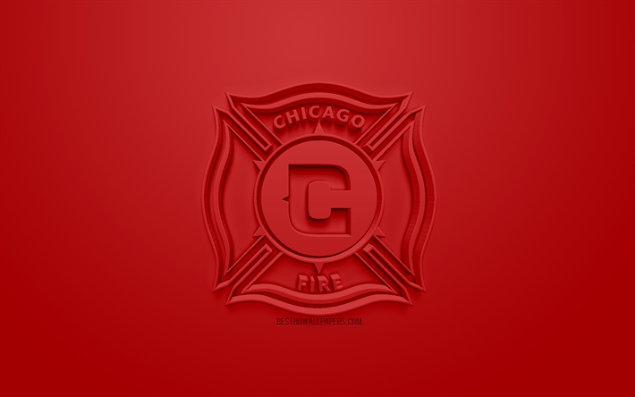 Chicago Fire, creative 3D logo, red background, 3d emblem, American football club, MLS, Chicago, Illinois, USA, Major League Soccer, 3d art, football, 3d logo, soccer