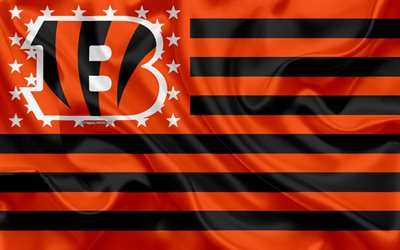 Cincinnati Bengals, Amerikkalainen jalkapallo joukkue, luova Amerikan lippu, oranssi musta lippu, NFL, Cincinnati, Ohio, USA, logo, tunnus, silkki lippu, National Football League, Amerikkalainen jalkapallo