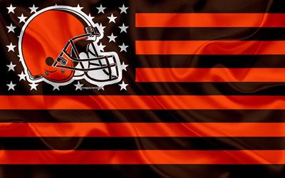 Cleveland Browns, squadra di football Americano, creativo, bandiera Americana, bandiera arancione marrone, NFL, Cleveland, Ohio, USA, logo, stemma, bandiera di seta, Lega Nazionale di Football americano, football Americano