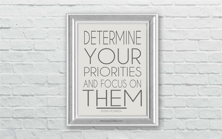 Determine your priorities and focus on them, Eileen McDargh, business quotes, motivation, frame on the wall, creative art, quote ideas, inspiration