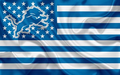 Detroit Lions, Amerikan futbol takımı, yaratıcı Amerikan bayrağı, mavi beyaz bayrak, NFL, Detroit, Michigan, ABD, logo, amblem, ipek bayrak, Ulusal Futbol Ligi, Amerikan Futbolu