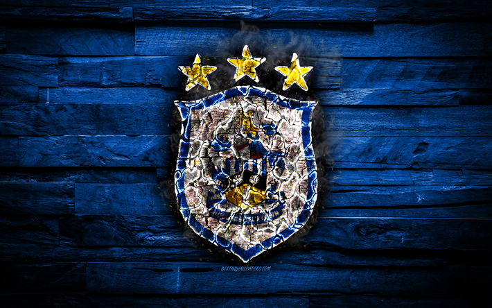 Huddersfield Town FC, fiery logo, blu sfondo di legno, Premier League, il club di calcio inglese, Huddersfield Town AFC, grunge, calcio Huddersfield Town logo, texture del fuoco, in Inghilterra, il calcio