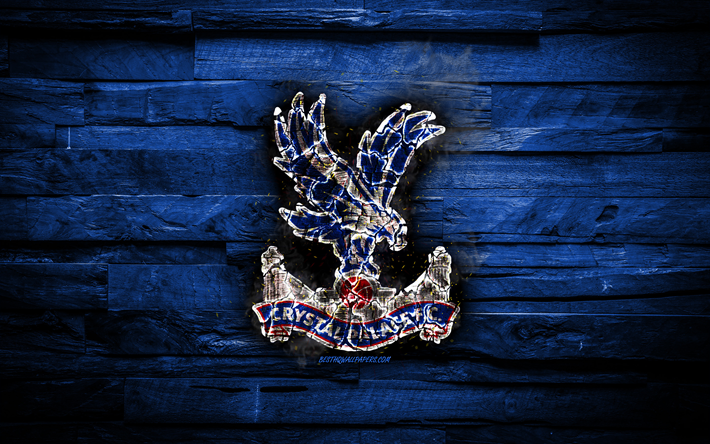 Crystal Palace FC, ateşli logo, mavi ahşap arka plan, UEFA Şampiyonlar Ligi, İngiliz Futbol Kul&#252;b&#252; FC Crystal Palace, grunge, futbol, Crystal Palace logo, yangın, doku, İngiltere