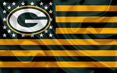 Green Bay Packers, squadra di football Americano, creativo, bandiera Americana, verde bandiera gialla, NFL, Green Bay, Wisconsin, USA, logo, stemma, bandiera di seta, Lega Nazionale di Football americano, football Americano